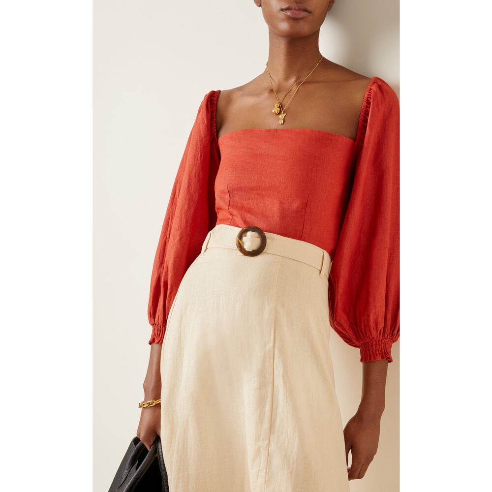 Posse Penny Burnt Orange Square Neck Quarter Sleeve Linen Crop Top Size Small